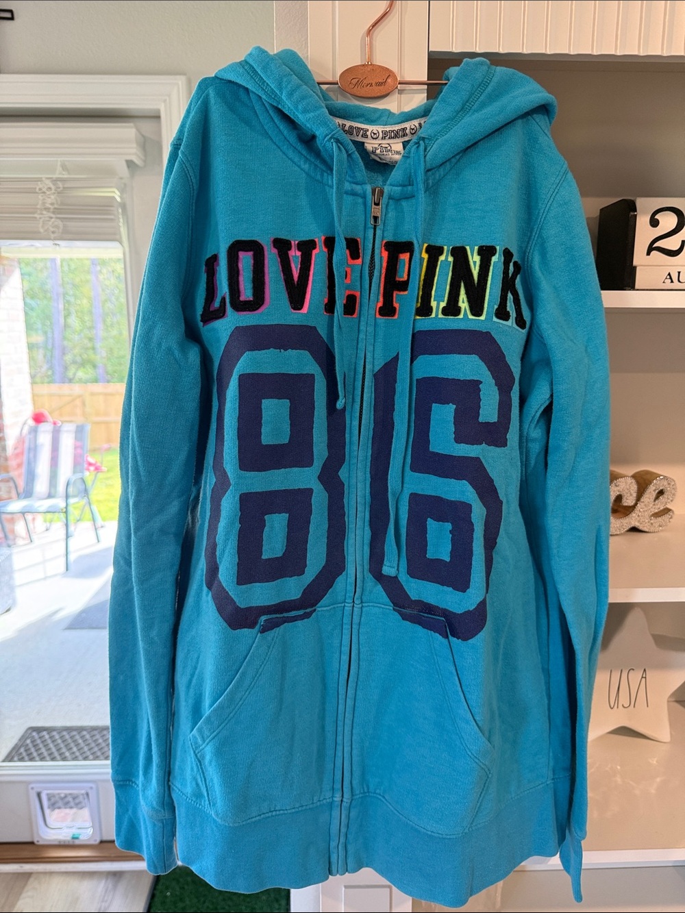 PINK Victoria's Secret Blue Zip Hoodie with Multicolor LOVE PINK Graphic